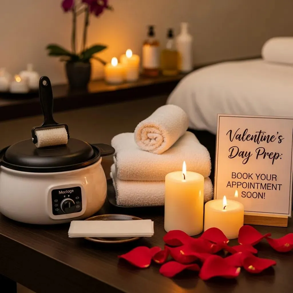 Spa treatment room with soft towels and candles, highlighting the importance of scheduling Brazilian wax for Valentine's Day
